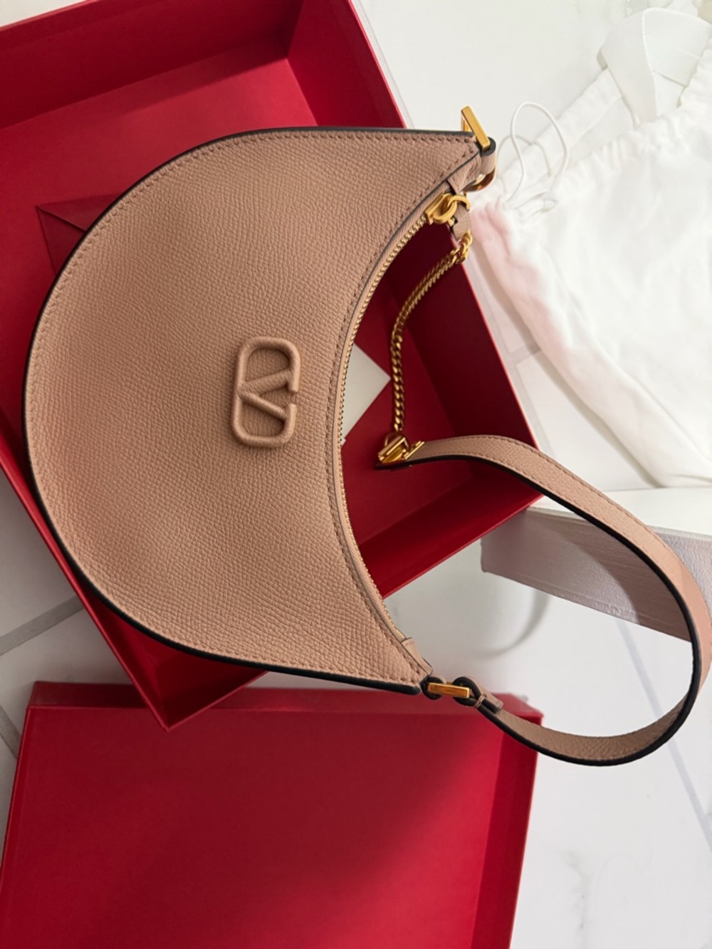 Valentino Garavani Pale Blush Crescent Shoulder Bag with Gold Chain